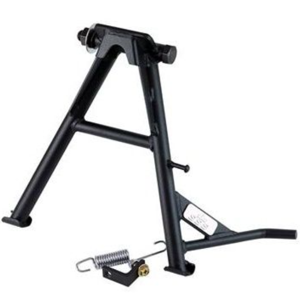 Black metal stand with components on a white background