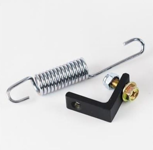 Metal spring and L-shaped metal bracket with bolts on a white background