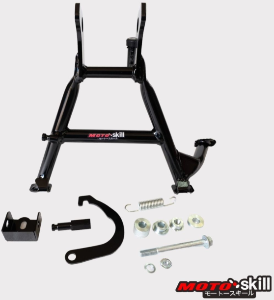Black motorcycle stand with various components on a white background, featuring the MOTO-skill brand.