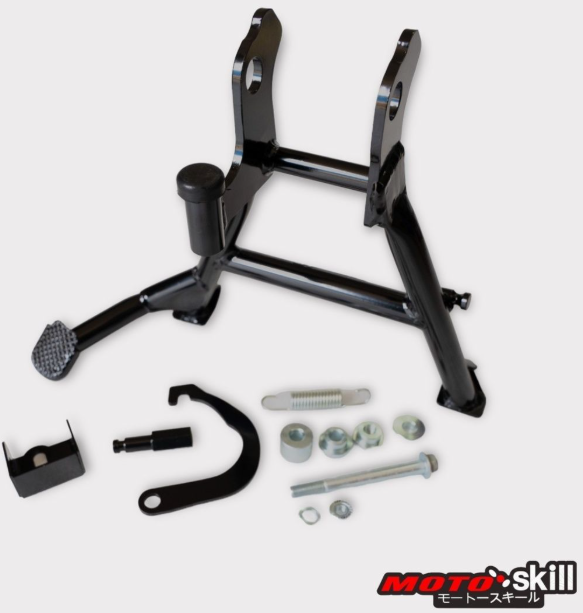 Motorcycle suspension components on a white background with 'Moto Skill' branding.