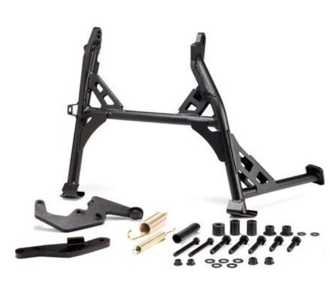 Black metal frame with attached components on a white background