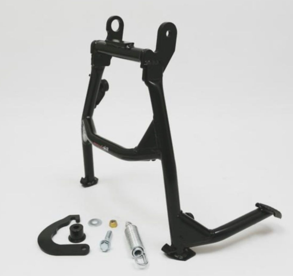 Black metal stand with hardware components on a white background