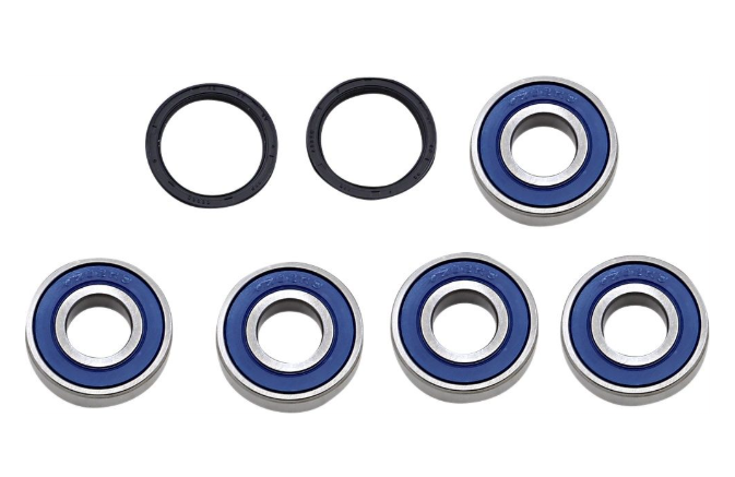 Set of six metal bearings with blue and silver color scheme on a white background