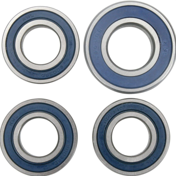 Four bearings with blue and silver color scheme on a white background