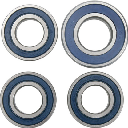 Four bearings with blue and silver color scheme on a white background