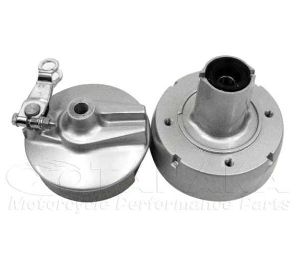 Two metallic motorcycle parts on a white background with 'R&G Racing' branding.