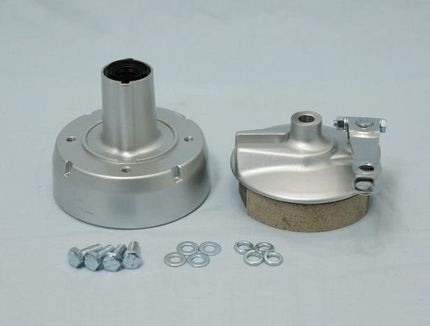Metal mechanical components with bolts and washers on a gray background