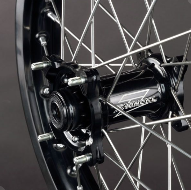 Close-up of a motorcycle wheel with 'Z-Wheel' branding on a dark background