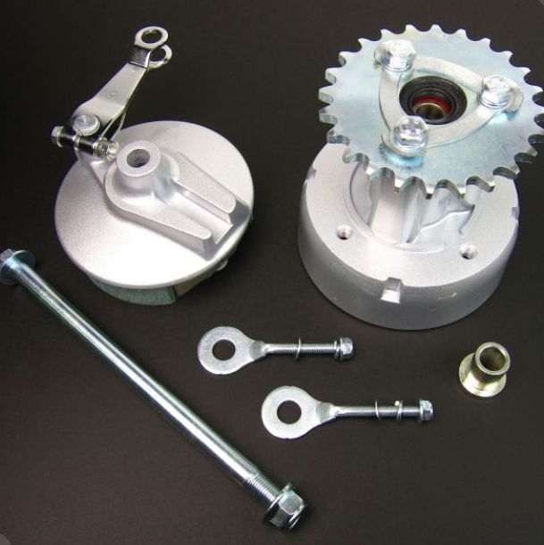 Mechanical components including gears and bolts on a dark background