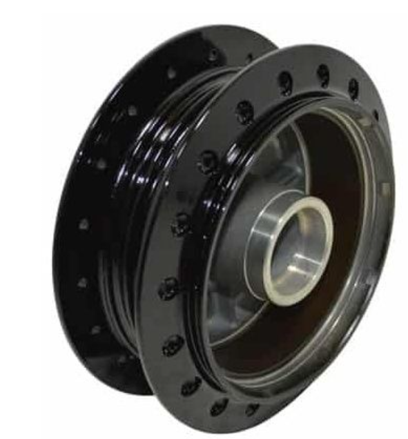 Black pulley wheel with metal core on a white background