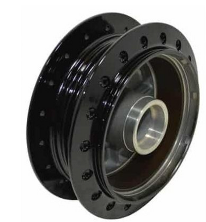 Black pulley wheel with metal core on a white background