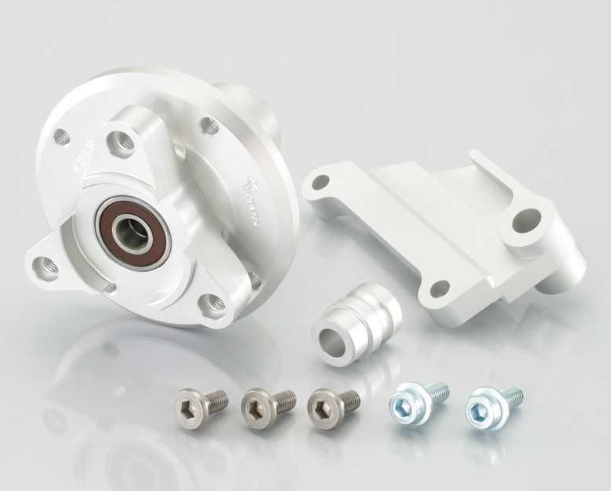 White mechanical components and screws on a light gray background