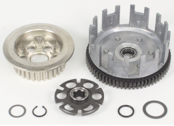 Set of metal gears and mechanical components on a white background