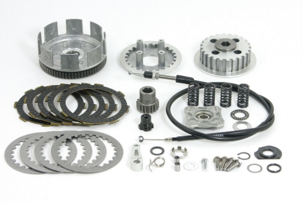 Mechanical parts including gears, springs, and bearings on a white background