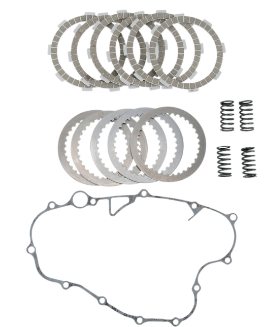 Set of clutch plates, springs, and gaskets on a white background