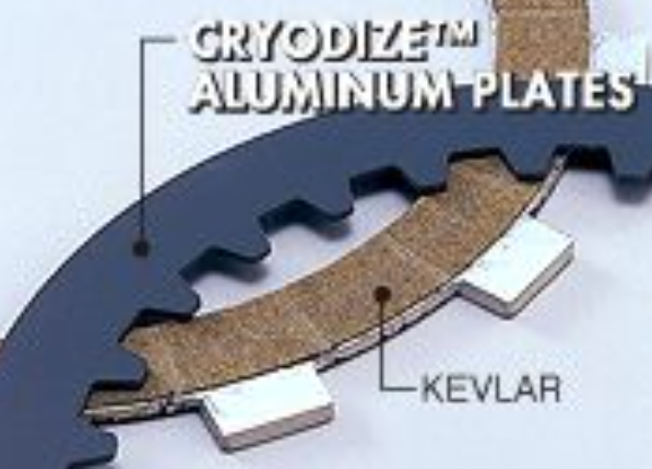 Close-up of a brake disc with CryodizeTM aluminum plates and Kevlar fibers.