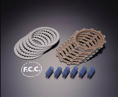 Clutch components including plates and springs on a dark background with F.C.C. branding.