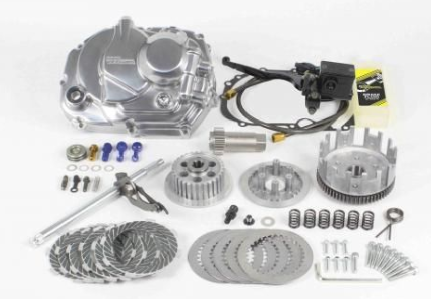 Motorcycle engine parts set on a white background
