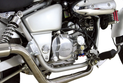 Close-up of a motorcycle engine and exhaust system on a white background