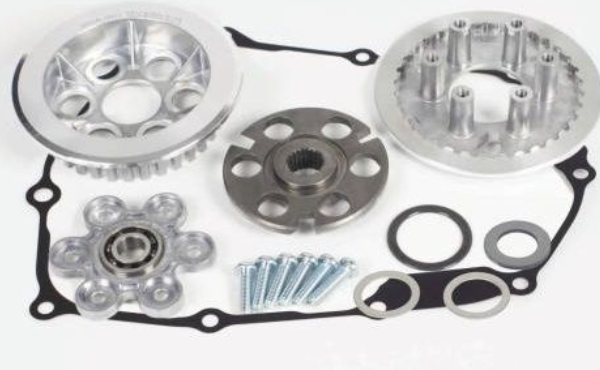 Automotive repair parts including gears and bearings on a white background