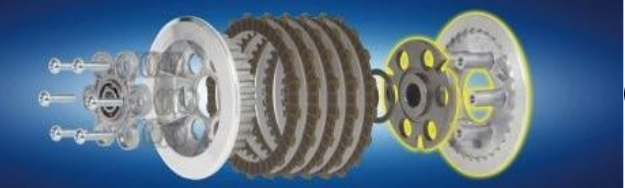 Mechanical components including gears and shafts on a blue background