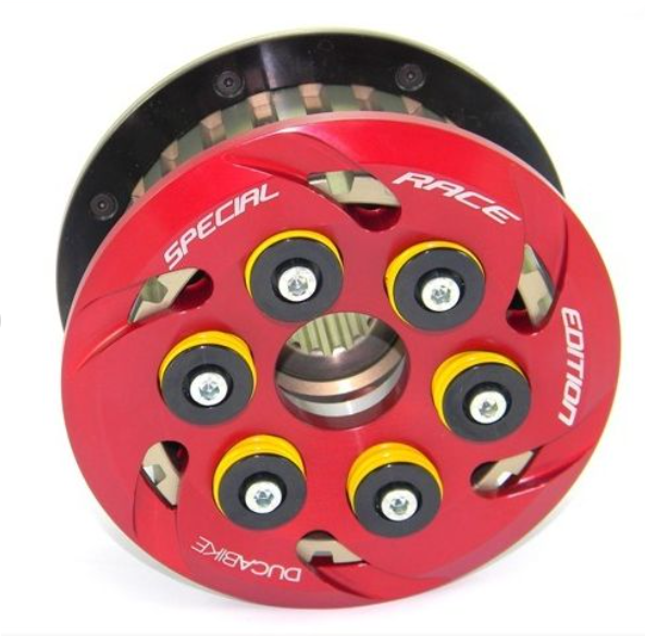 Red clutch plate with black and yellow accents on a white background