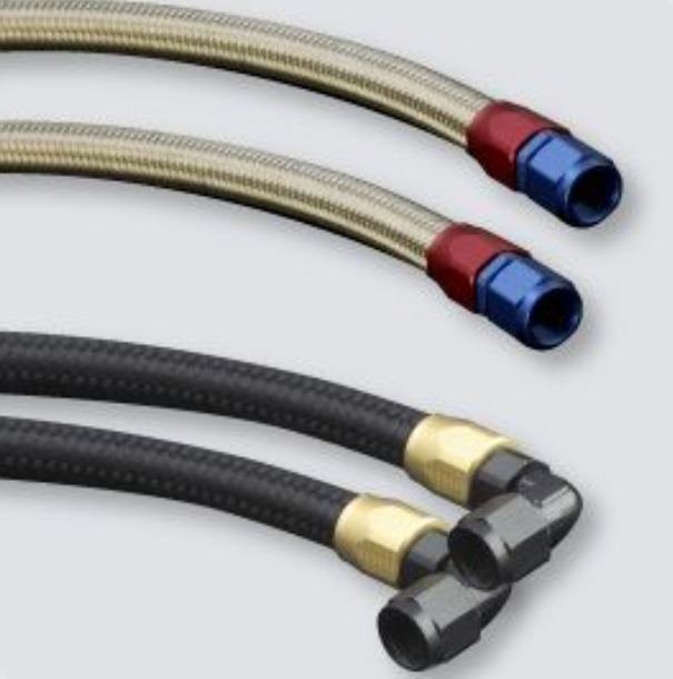 Three flexible hoses with metal connectors on a light gray background