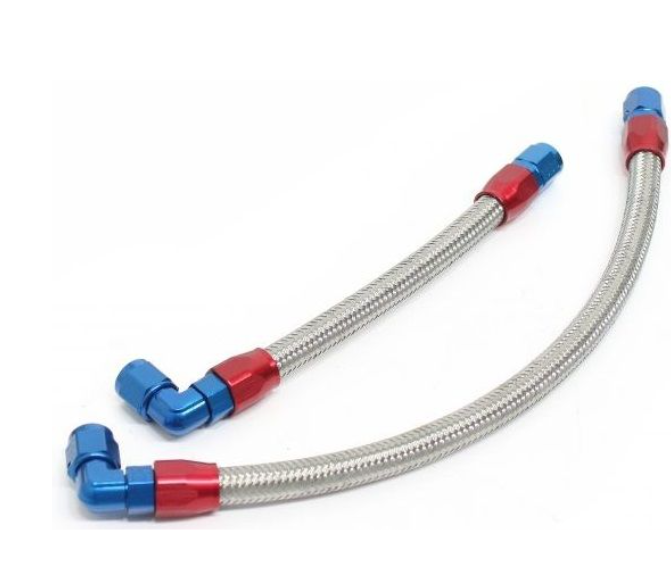 Metallic braided hose with blue and red fittings on a white background