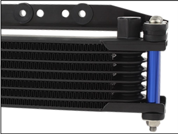 Oil cooler with black metal fins and blue valve on a white background