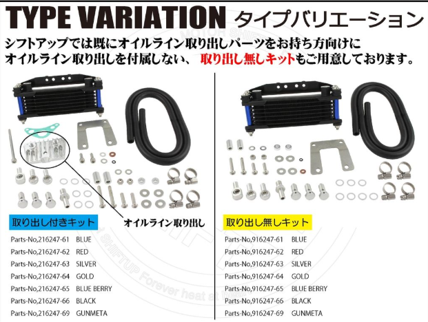 Automotive oil line removal kit with various color options and parts list.