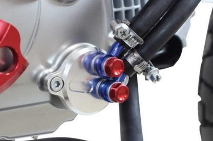 Close-up of a motorcycle's fuel system with red and blue fuel caps.