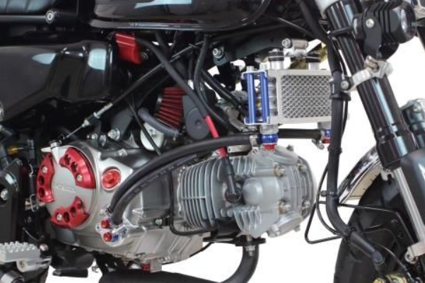 Close-up of a motorcycle engine with visible components