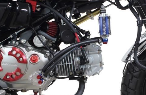 Close-up of a motorcycle engine with visible components on a white background