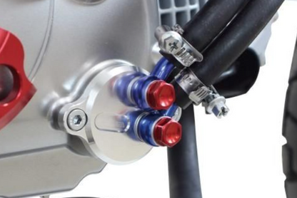 Close-up of a motorcycle's brake lever with red and blue accents on a blurred background
