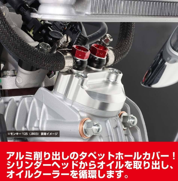 Close-up of a motorcycle engine with metallic components and red accents.