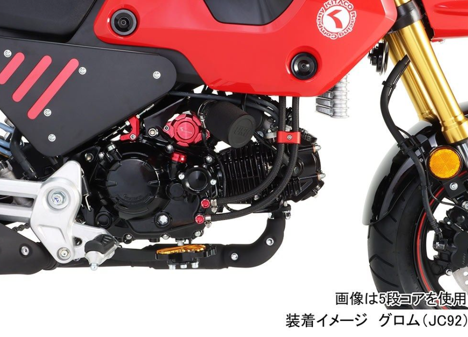 Close-up of a motorcycle engine and frame with visible branding on a white background