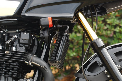 Close-up of a motorcycle's front suspension and brake system with a blurred green background.