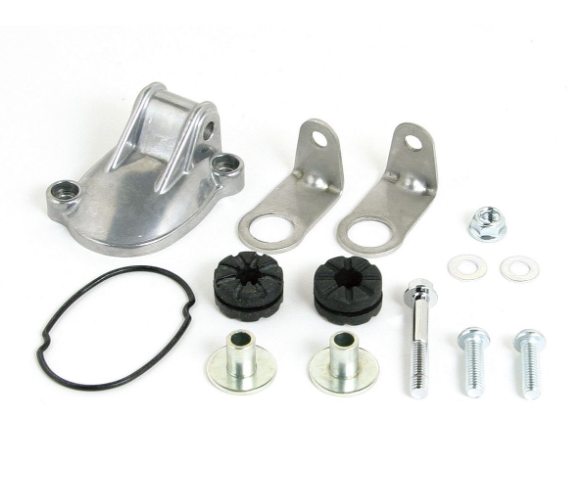 Mechanical parts including metal brackets, bolts, and washers on a white background
