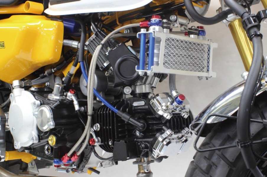 Close-up of a motorcycle engine with visible components