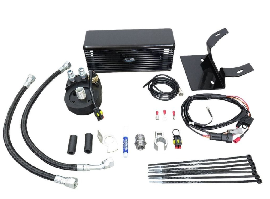 Automotive parts kit including hoses, connectors, and metal brackets on a white background