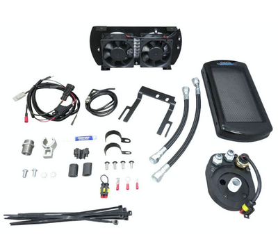 Collection of automotive parts including fans, wiring, and filters on a white background
