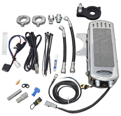 Automotive cooling system components including a fan, hoses, and connectors on a white background.