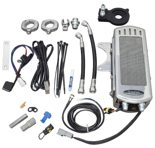 Automotive cooling system components including a fan, hoses, and connectors on a white background.