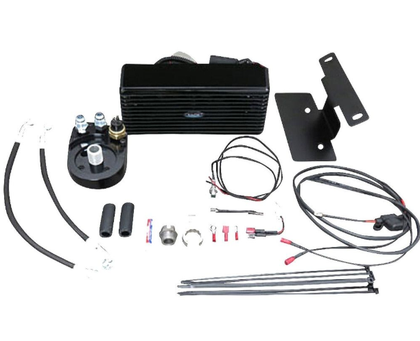 Automotive electrical components kit on a white background