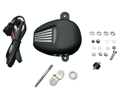 Motorcycle headlight assembly kit with various parts on a white background