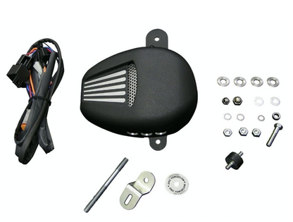 Motorcycle headlight assembly kit with various parts on a white background