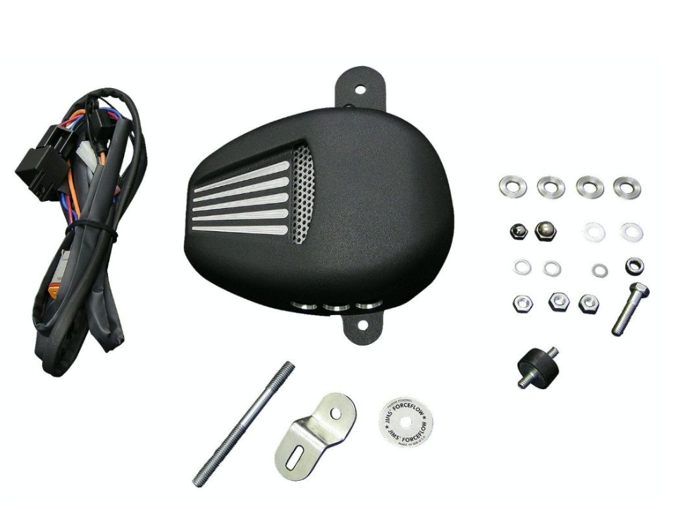 Motorcycle headlight assembly kit with various parts on a white background