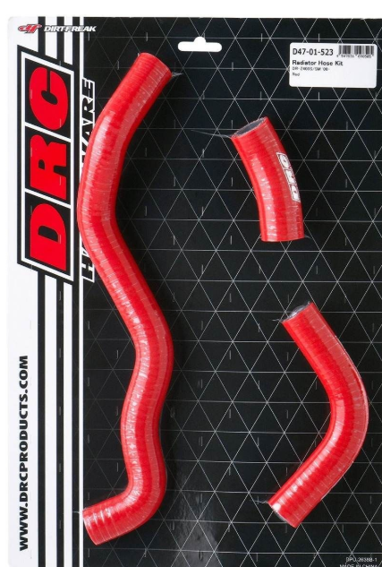 Red silicone hose kit with DRC logo on a black grid background