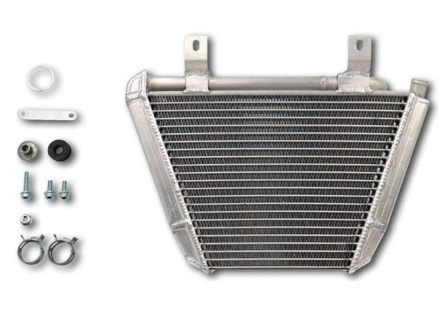 Motorcycle radiator with mounting hardware on a white background