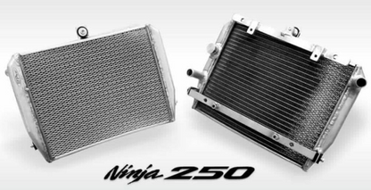 Two motorcycle radiators on a white background with 'Ninja 250' branding.